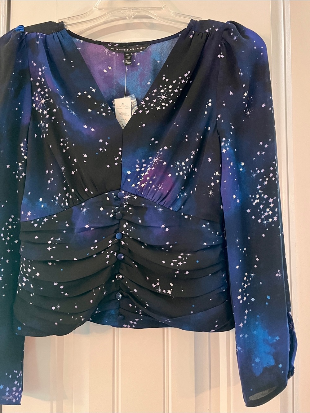 White House Black Market Blue & Black Star Ruched V-Neck Blouse NEW With Tags
